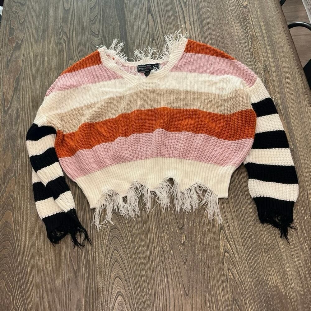 Polly & Esther Striped Cropped Sweater Distressed Knit V-Neck Multicolor Size M